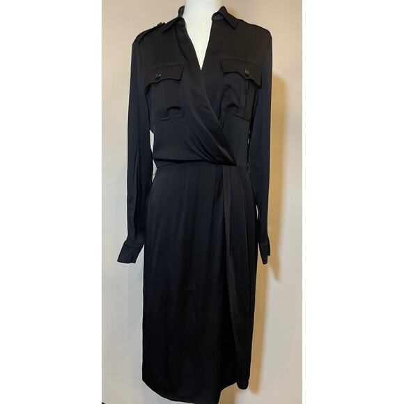 Ralph Lauren Purple Label Shirt Dress Midi Long Sleeve Pocket Collared Satin 8 M - Picture 2 of 16